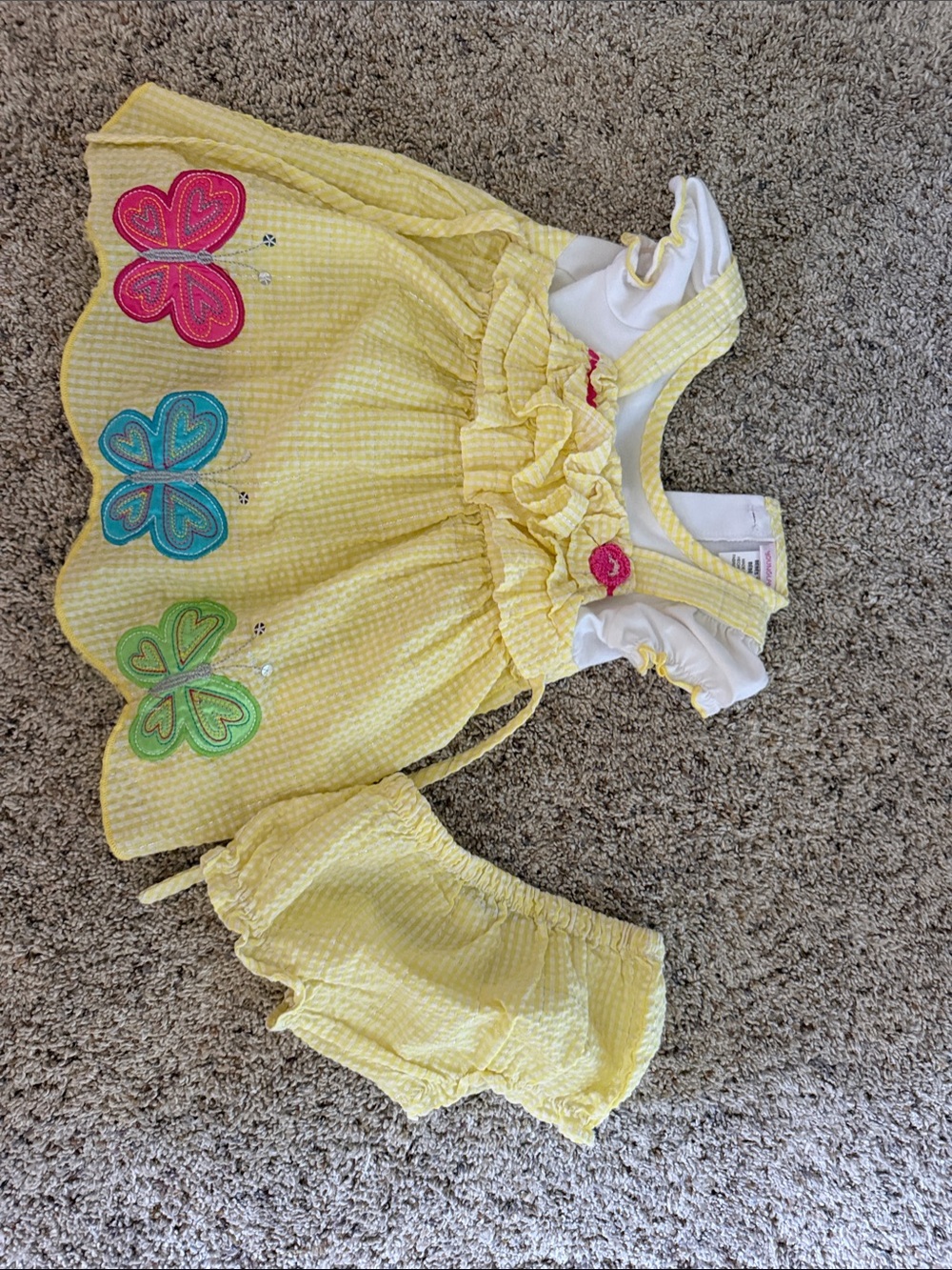 Youngland Yellow Gingham Dress & Bloomer Set with Pink Blue Green Butterflies